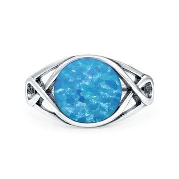 Infinity Shank Lab Created Blue Opal Ring Solid Round Oxidized 925 Sterling Silver